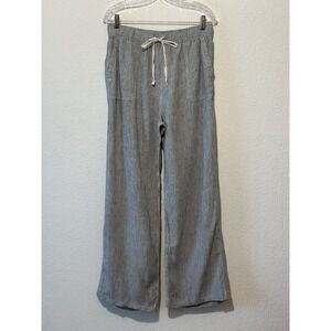 Artisan NY 100 % Linen Pants Pull-On Elastic Waist Pockets Wide Leg White Stripe